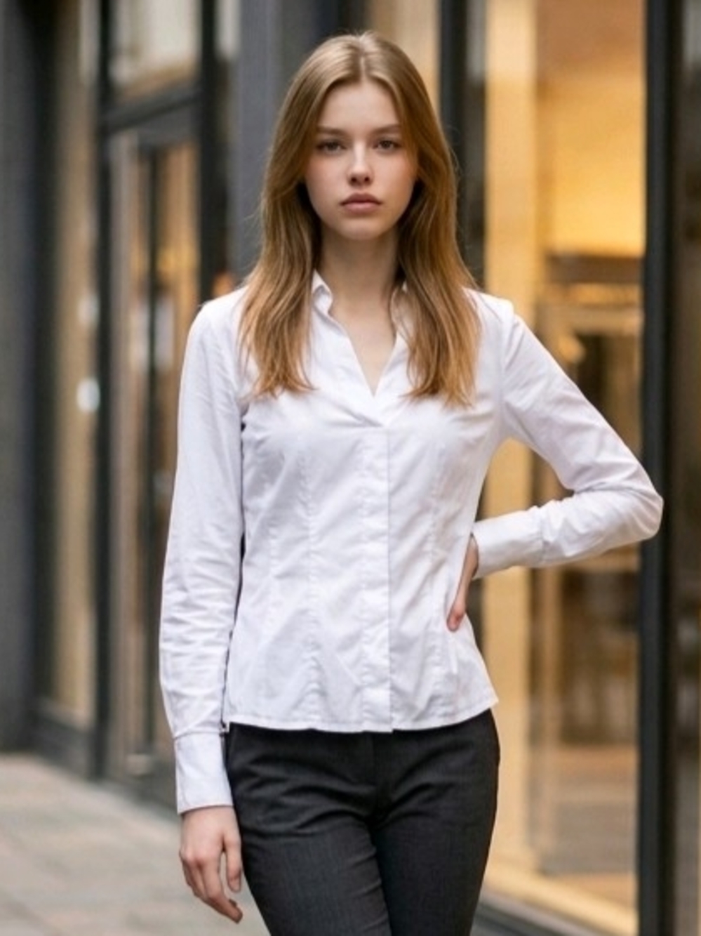 Hugo Boss Side Zipper White blouse Longsleeved Tapered Fit Buttonless V-Neck 8